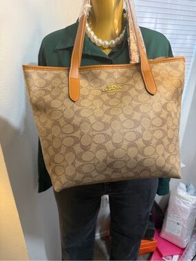 Coach Beige Signature Tote with Tan Leather Trim